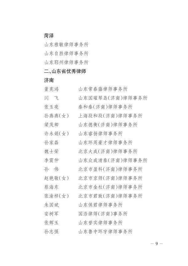 【一山荣誉】祝贺一山律师事务所获评“山东省优 秀律师事务所”；一山律师事务所律师朱明格荣获“山东省优 秀律师”称号